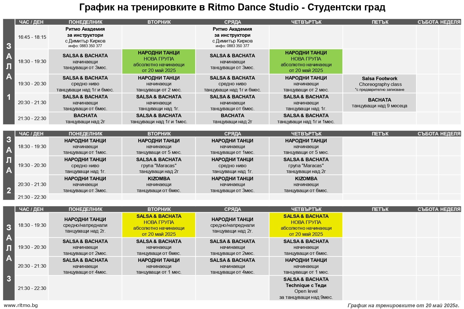 График на тренировките в Ritmo Dance Studio, Студентски град, София